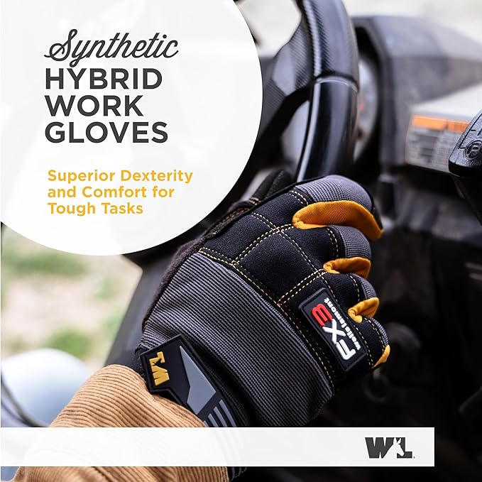 Wells Lamont FX3 Men's Work Gloves – Dexterity, Synthetic Leather Palm, Reinforced Fingertips – Stretch Spandex for Comfort – Touchscreen-Ready, All-Purpose Use, Ergonomic Fit – Black, Large (7853LC)