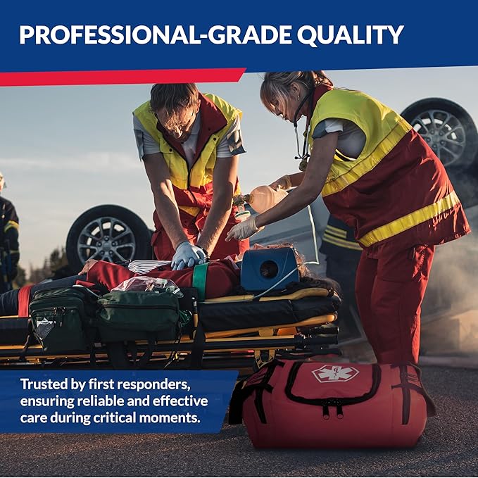 Fully Stocked Trauma First Aid Kit ??First Responder II Bag with Tools, Gauze, Bandages, Scissors & Gloves ??Compact & Portable ??OSHA and ANSI Compliant ??Red