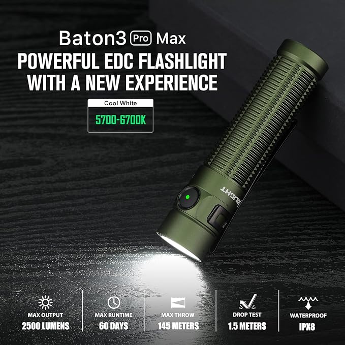 OLIGHT Baton3 Pro Max 2500 Lumens Rechargeable Compact EDC Flashlights with Safety Proximity Sensor, Pocket Light for Camping, Hiking, and Emergency (Cool White Light: 5700~6700K)