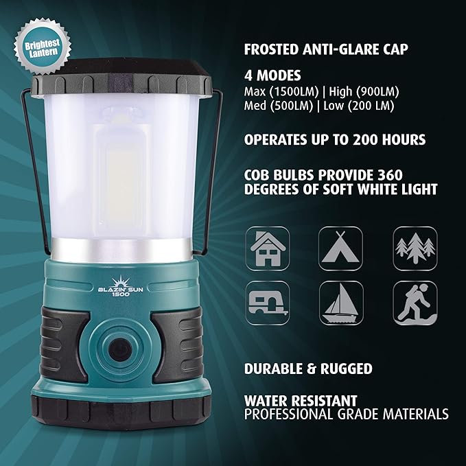 Blazin' Sun 1500 Lumen | Battery Lanterns for Power Outages, Emergency, Hurricane, Camping | LED Lantern with up to 200 Hour Runtime (Teal)