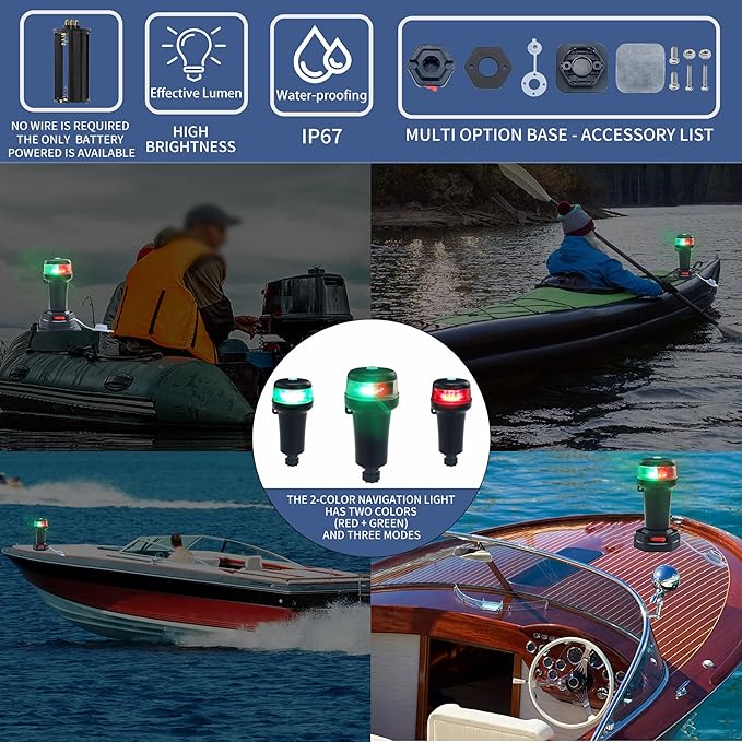 Kayak Battery Portable Navigation LED Lights Multi- Adaptors 3AA Battery Inflatable Boat Surface Mount Adhesive Base (Red/Green (With Fixed Base))