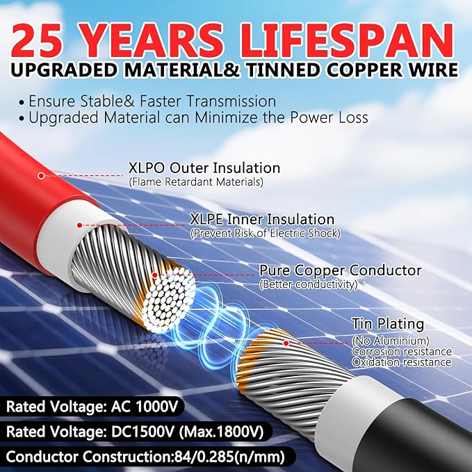 2x100 Feet Solar Panel Extension Cable, 12AWG Solar Panel Cable Solar Wire with Female and Male Waterproof Connectors for RV, Photovoltaic Systems (100FT Red + 100FT Black)