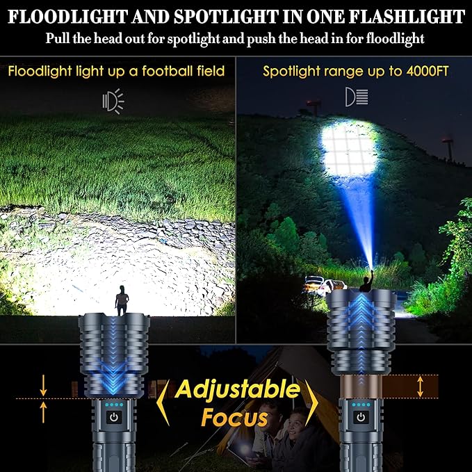 Super Bright Rechargeable Flashlights 2400.000 High Lumen, Powerful LED Flashlight, IPX7 Waterproof Floodlight & Spotlight Flashlight 2-in-1 W/5 Modes for Camping, Emergency, Search & Rescue