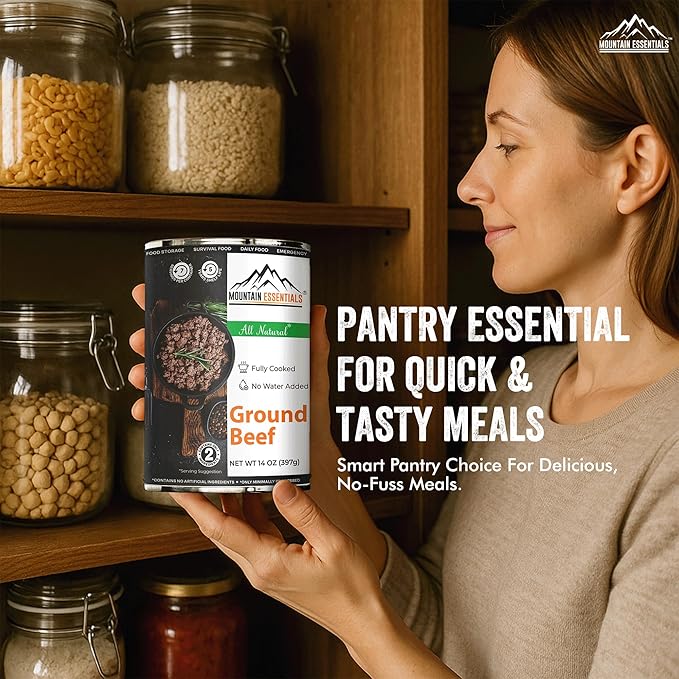 MOUNTAIN ESSENTIALS Ground Beef 14 Oz Fully Cooked Ready to Eat Hamburger Meat Emergency Survival Bulk Food Storage Canned Meat Perfect for Quick Meals 5 Years Shelf Life Made in USA Pack of 6