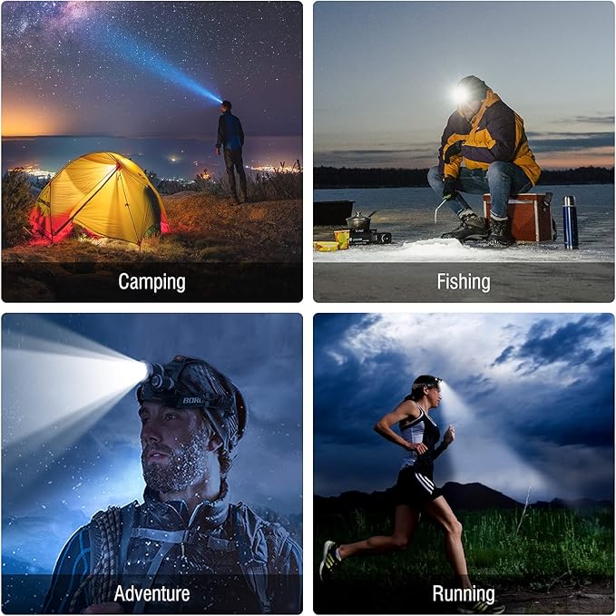 BORUIT RJ-3000 Rechargeabe LED Headlamp Super Bright with Black Light, 3 Modes Super Bright USB Head Lamp IPX4 Waterproof Headlight for Adults USB Outdoor Fishing Camping