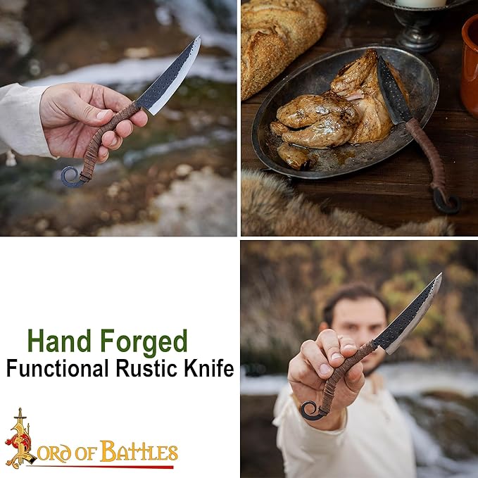 Lord of Battles Hand-Forged Medieval Knife ??Curved Full Tang with Leather-Wrapped Handle, Viking-Inspired Utility Knife for Camping, Hunting & Collectors