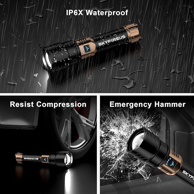 SKYFIRE Rechargeable Flashlight High Lumens,LED Flashlight with 8000mAh,Zoomable,Four Modes,Waterproof Bright Flash Light for Camping Essentials,Outdoor,Home-No Lens
