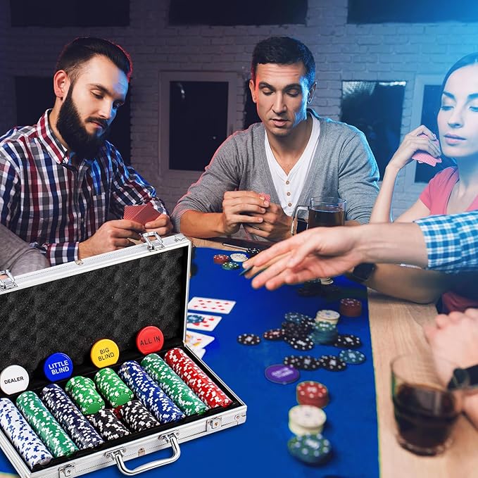 Aoriher Blackjack Casino Game Set, Include 300 Poker Chips, Casino Felt 1 Automatic Card Shuffler 6 Deck Dealer Shoe Discard Holder Tray Aluminum Case for Texas Holdem Blackjack Poker(Blue)
