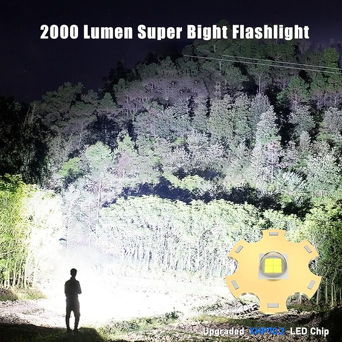 Goreit Flashlight High Lumens Rechargeable, 2000 Lumen Led Flashlights XHP70.2 USB Super Bright Flash Light Battery Powered, Powerful Handheld Flashlights for Emergencies Camping, IP67 Waterproof