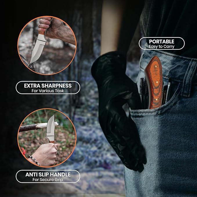 Szco Supplies 7.25??Fixed Blade Hunting Knife for Men ??Small Drop-Point Skinning Knife with Pakkawood Handle and Leather Sheath ??Stainless Steel Hunting Knives for Outdoor, Camping, and Gift Use