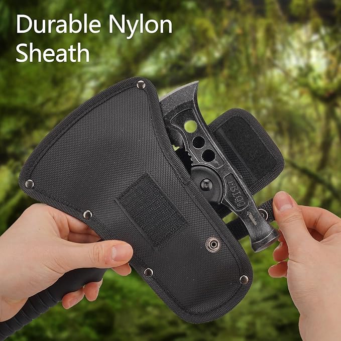 Camping Axe, Survival Chopping Hatchet with Sheath, Tactical Tomahawk with Hammer, Nylon Fiber Handle for Outdoor Survival Hiking Camping
