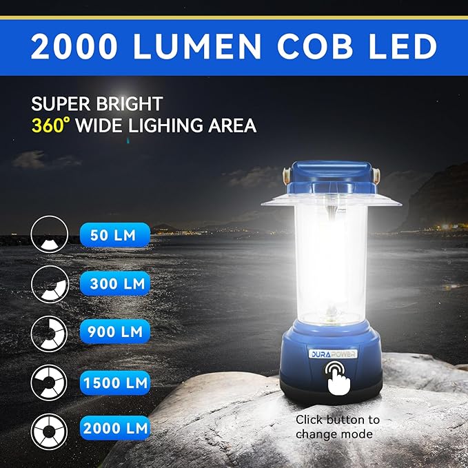 Durapower LED Camping Lantern Rechargeable, Bright 2000 Lumen, 5 Modes, 4000 mAh Power Bank, IP44 Waterproof Lantern for Hurricane, Emergency, Power Outages, Home