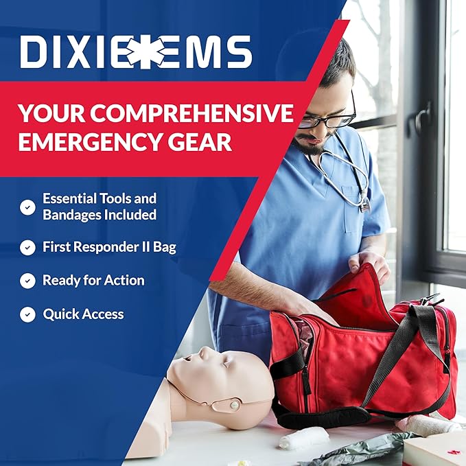 Fully Stocked Trauma First Aid Kit ??First Responder II Bag with Tools, Gauze, Bandages, Scissors & Gloves ??Compact & Portable ??OSHA and ANSI Compliant ??Red