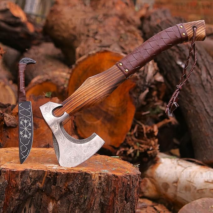 Viking Axe Gift Vikings Knife with Sheath | Hand Forged Real Handmade Outdoor Hunting Camping Axes and Hatchets | Viking Gifts for Men (Ax-05)