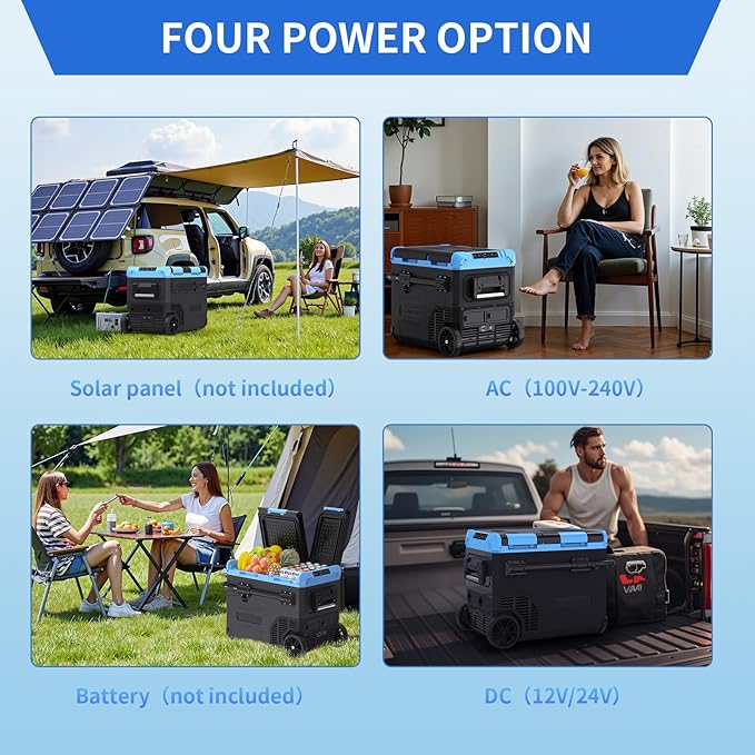 45L Dual Zone Car Refrigerator Freezer, -4℉~68℉, 48Qt Compressor Cooler with Reversible Door, Metal Handle, Dual Battery Slot, 100–240V AC / 12V / 24V DC Powered, LED Light – Ice Blue