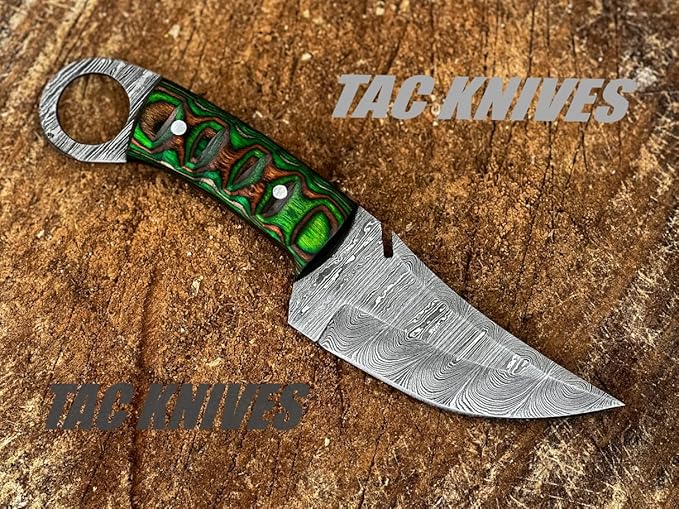 Bushcraft Survival Knife12T27 Damascus Steel Fixed Blade outdoor Knife- Pakka Wood Handle - Pancake Leather Sheath - Traditional Field Knife for Camping Knife, Fishing, Hunting Knife, Men & Women - EDC Knife to Carry on Belt- (GREEN)