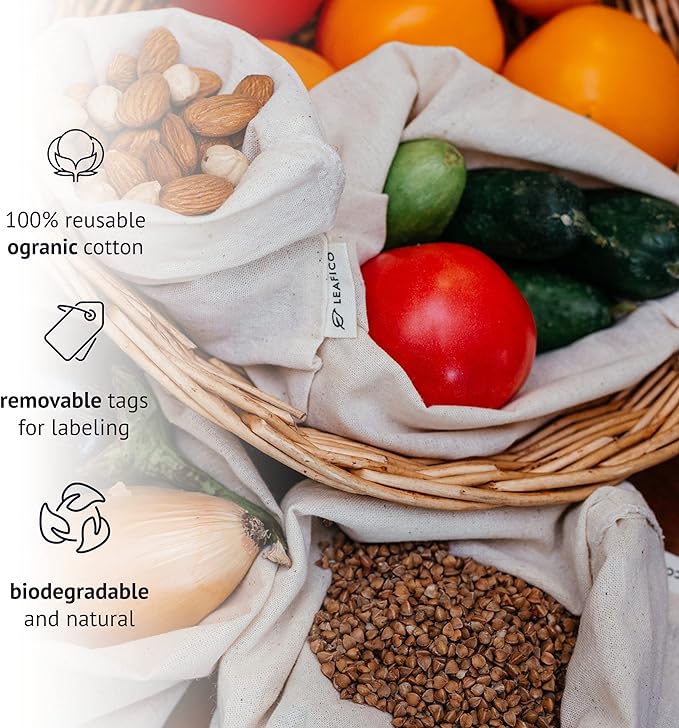LEAFICO Muslin Cloth Bags with Drawstrings - Set of 8 (S, M, L, XL) - Reusable Natural Cotton Bags for Bulk Food Storage - Canvas Fabric Sachets