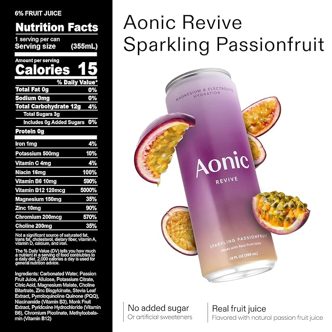 Aonic Revive Sparkling Passionfruit ??Electrolyte Hydration with Magnesium + Potassium, Delicious Taste, Real Fruit Juice, 12oz (12 Pack)