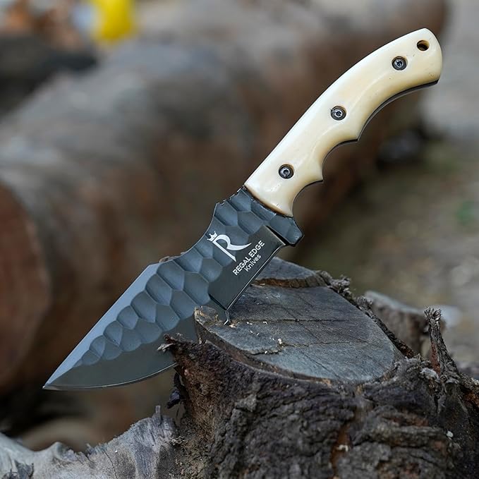 Fixed Blade Knife ??10??Handmade Tracker Hunting Knife with Camel Bone Handle & Leather Sheath, Full Tang 1095C High Carbon Steel Survival Knives for Camping, Hunting & Outdoor Use