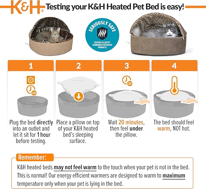 K&H Pet Products Thermo-Kitty Bed Deluxe Heated Cat Bed for Smaller Kitties - Indoor Heated Pet Bed for Dogs & Cats, Covered Cave Pet Tent, Machine Washable, Safety Listed - Small 16in Mocha/Leopard