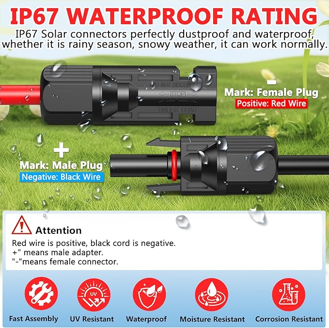 2x30 Feet Solar Panel Extension Cable, 12AWG Solar Cable, Solar Panel Cable with Female and Male Waterproof Connectors for RV, Photovoltaic Systems (30FT Red + 30FT Black)