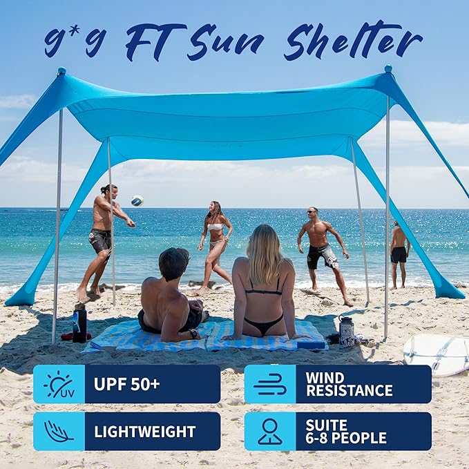 AMMSUN Beach Tent Portable Sun Shelter,9X 9ft Beach Canopy Easy Setup, 9'x9'Lycra Sun Shelter with UPF50+ Protection 4 Sand Bags & 4 Aluminum Poles for Family at The Beach, Camping & Outdoor