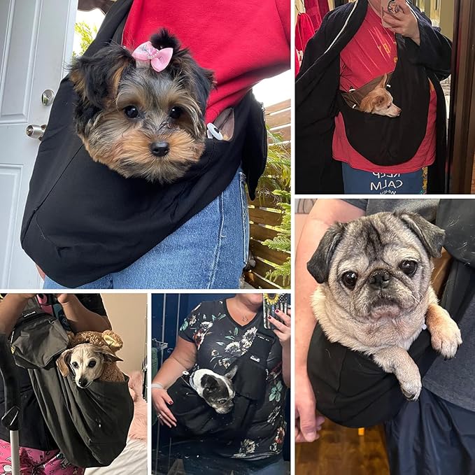 SlowTon Dog Carrier Sling - Thick Padded Shoulder Strap Adjustable Dog Carriers for Small Dogs, Puppy Carrier Purse for Pet Cat with Front Zipper Pocket Safety Belt Machine Washable Waterproof Black L