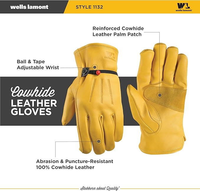 Wells Lamont Men's Cowhide Leather Work Gloves | Adjustable Wrist, Puncture and Cut Resistant | Small (1132S)