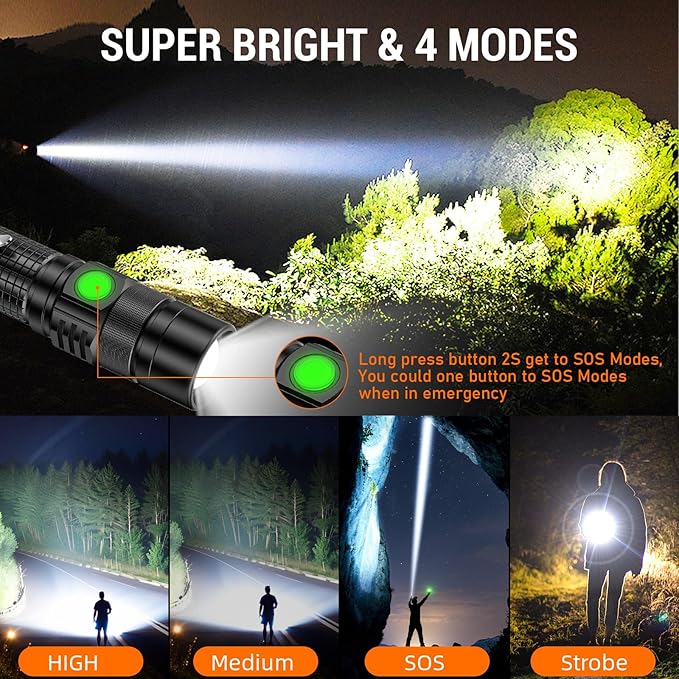 LED Tactical Flashlight Rechargeable - One Click SOS, Super Bright Small LED Flashlight 3Hr USB-C Fast Charging, Waterproof Pocket-Size Small EDC Flashlight for Home, Camping, Emergency, Hiking