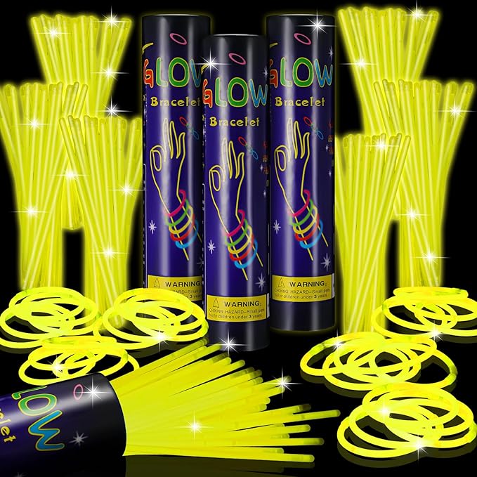 Hanaive 300 Pcs Glow Sticks Bulk 8 Inch Glow in The Dark Party Favors Neon Bracelets and Necklaces Light up Sticks with Connectors for Holiday Birthday Party Supplies(Yellow)