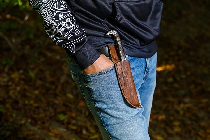 Odin's Raven Norse Viking-styled Knife 10.3" - Hand Forged 6.5" Carbon Steel Blade, Raven's Head Hilt and Leather Sheath - Unique Medieval Seax Style - Norse Knife for Hunting & Camping