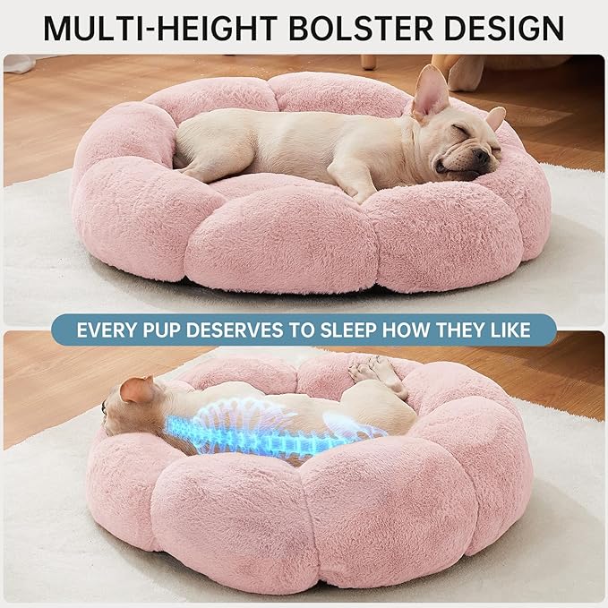 OhGeni 31 inches Calming Donut Orthopedic Dog & Cat Bed for Medium Pets, Warming Comfort Fluffy Short Pile Fur, Durable Waterproof Machine Washable Removable Cover, Cute Round Bed for Puppy, Pink