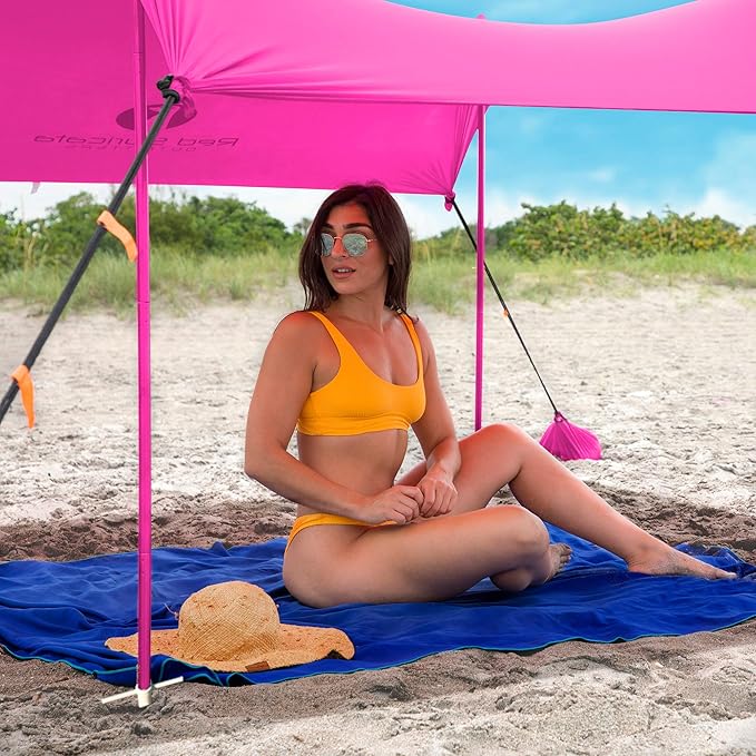 Red Suricata Family Beach Parasol - Sun Shade Canopy | UPF 50 UV Protection | Tent with 4 Aluminium Poles, 4 Pole Anchors, 4 Sandbag Anchors | Large & Portable Shelter Tarp
