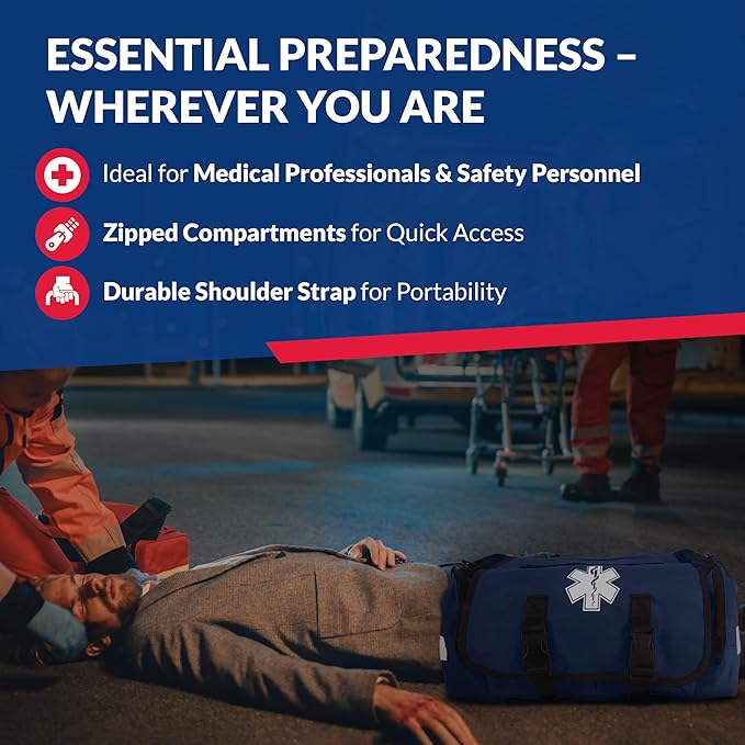First Responder Trauma First Aid Kit Bag ??Fully Stocked Emergency Medical Kit for Workplace, Vehicle & Home ??OSHA & ANSI Compliant ??Portable ??Blue