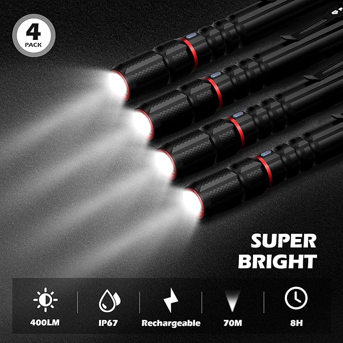 FORTO Rechargeable Pen Light Flashlight, 400 Lumens Small Pocket Flashlight with Clip, IP67 Waterproof, 2 Light Modes, 3-Color Battery Indicator, Type-C Charging, for Inspection,Emergency(4 Pack)