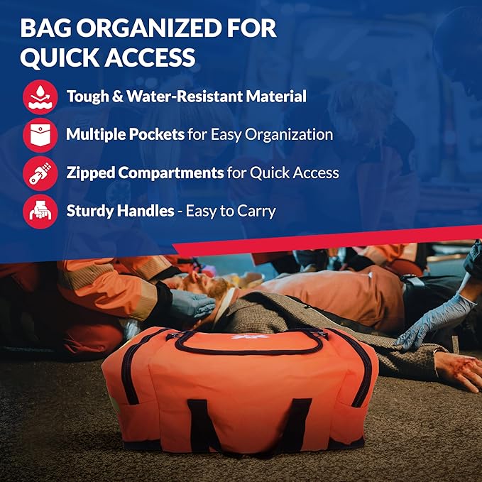 Fully Stocked Trauma First Aid Kit ??First Responder II Bag with Tools, Gauze, Bandages, Scissors & Gloves ??Compact & Portable ??OSHA and ANSI Compliant ??Orange