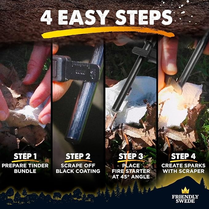 The Friendly Swede Ferro Rod Fire Starter Tool 2-Pack — Flint and Steel Fire Starter Survival Tool with Long Ferro Rod; Weatherproof Firestarter for Camping, Hiking & BBQs; Ergonomic Handle; Easy Grip