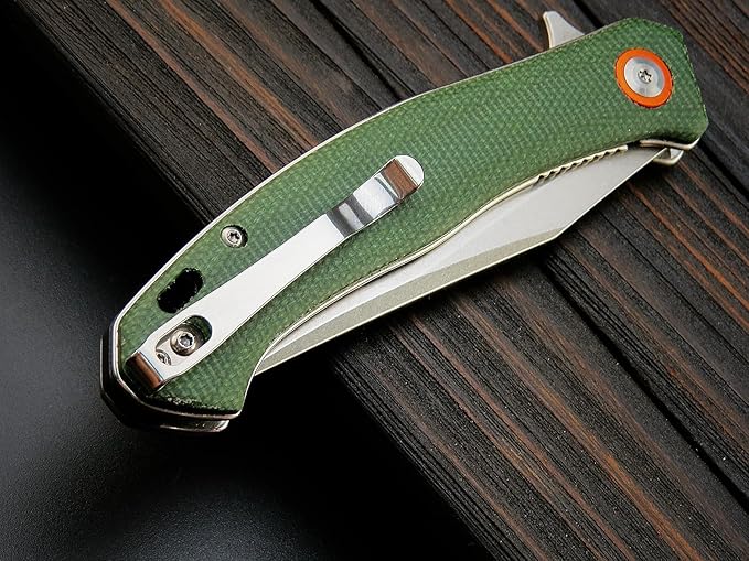 Sitivien ST112 Folding Knife, D2 Blade and Micarta Handle EDC Tool Knife with Pocket Clip for Outdoor Camping Hiking Survival(Army green)