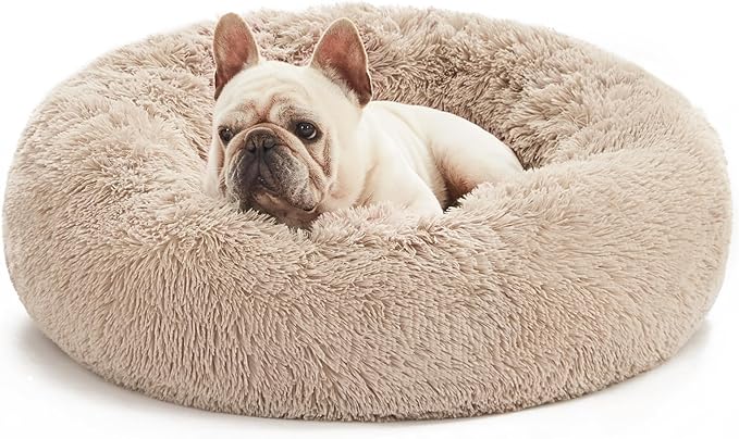 Love's cabin Calming Dog & Cat Bed, Cat Bed for Indoor Cats, Anti-Anxiety Donut Round Bed, Fluffy Warming Pet Bed for Small Medium Dogs and Cats, Beige Taupe 20"/24"