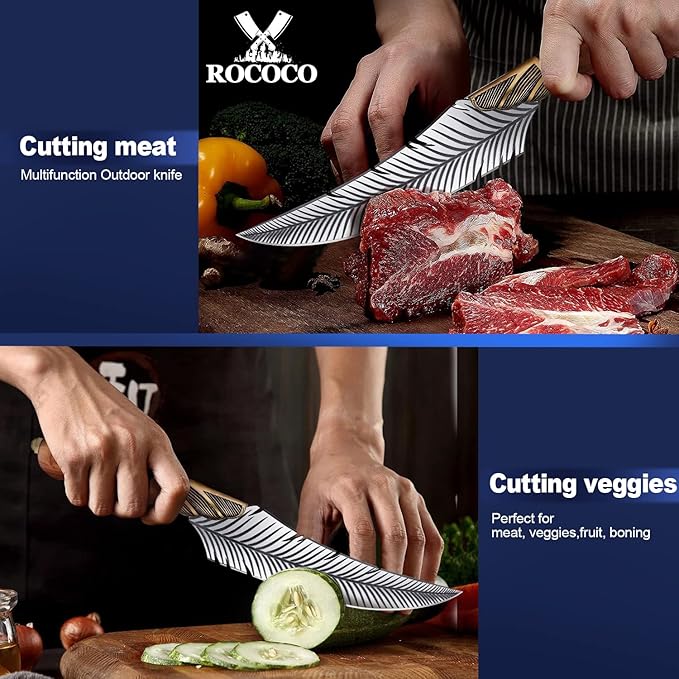 ROCOCO Feather Viking Boning Knife Japanese Forged in Fire Fancy Handmade Butcher Cleaver with Sheath Kitchen Outdoor Camping BBQ Collection Birthday Father Mother Christmas Day Gift 5.9"