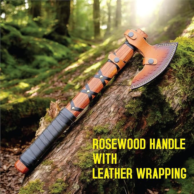 Viking Axe of Ragnar Lothbrok Hunting Axe with Rosewood Handle - Hand-Forged High Carbon Steel Sharp Blade, Handmade Camping Axes, Hatchet-Norse Ax, Tomahawk Vikings Bearded Axes, with Leather Sheath