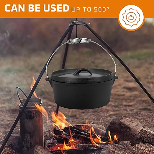 Bruntmor Camping Cooking Set of 7. Pre Seasoned Cast Iron Pots and Pans Dutch Oven with Lids for Outdoor Comefire. Grill Cookware Skillet Sets with Storage Box