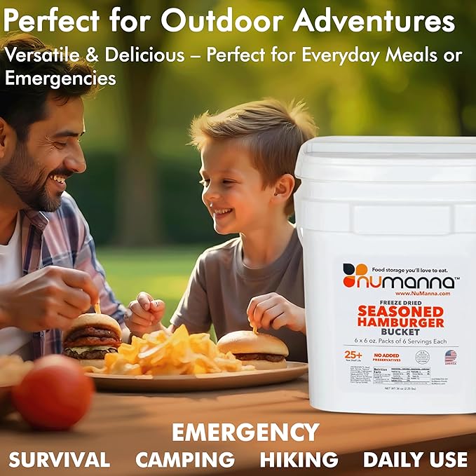 Numanna Freeze-Dried Seasoned Ground Beef Bucket 36 Servings | Over 25g Protein per Serving | Hamburger for Camping, Meal Prep, Pantry Staple, Emergency Survival Food | 25+ Year Shelf Life | USA Made