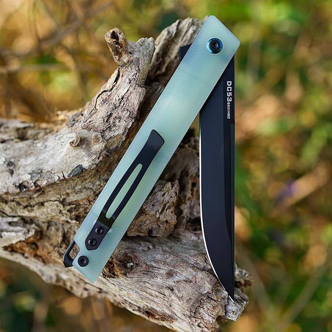 Flipper Pocket Folding Knife,DC53 Steel Blade and G10 Handle. With pocket clip and glass breaker,men's pocket knife hiking trip EDC tool Knife (Natural G10 Handle-D)