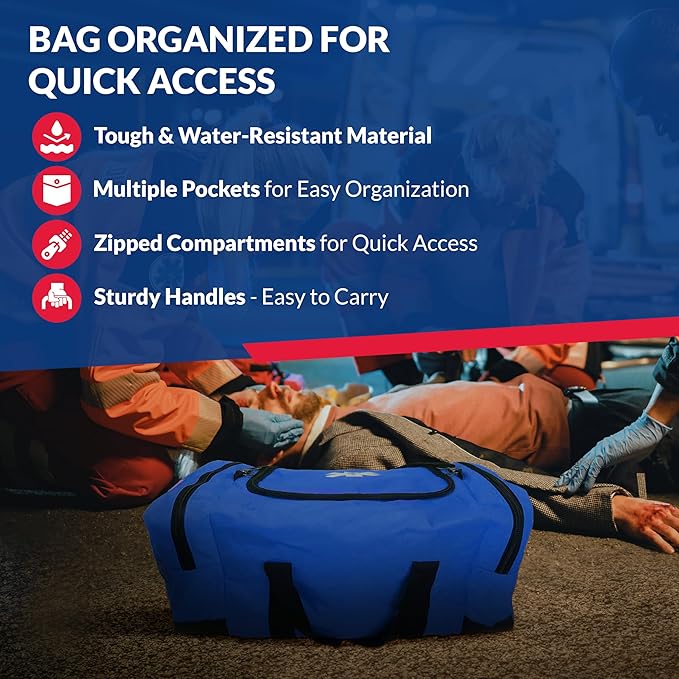 Fully Stocked Trauma First Aid Kit ??First Responder II Bag with Tools, Gauze, Bandages, Scissors & Gloves ??Compact & Portable ??OSHA and ANSI Compliant ??Blue