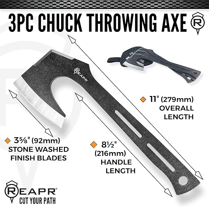 Reapr CHUK 3-Piece Throwing Axe Set ??11" Full-Tang Tactical Tomahawks with Dual-Edge Blades, Stonewashed Finish, Nylon Sheath with MOLLE ??Outdoor Recreation, Camping, Target Practice, Gifting