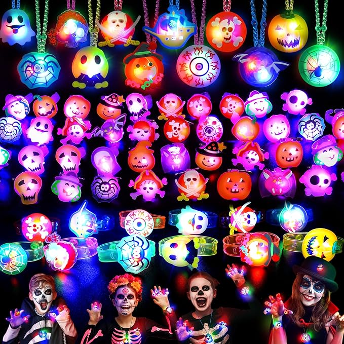 118 PCS Halloween Party Favors Bulk, 80 Rings, 14 Brooches, 12 Necklaces, 12 Bracelets,Halloween Toys for Kids, Glow in the Dark Toys, Bulk Halloween Goodie Bag Fillers, Halloween Party Supplies