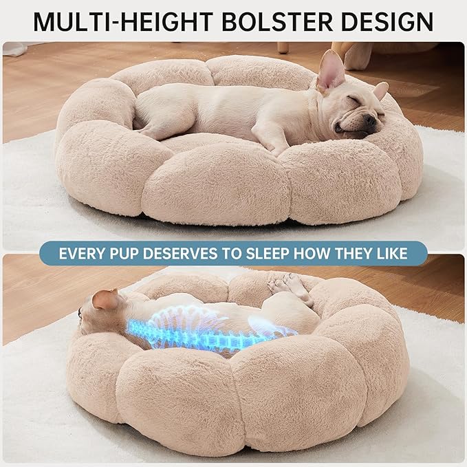 OhGeni 31 inches Calming Donut Orthopedic Dog & Cat Bed for Medium Pets, Warming Comfort Fluffy Short Pile Fur, Durable Waterproof Machine Washable Removable Cover, Cute Round Bed for Puppy, Cream
