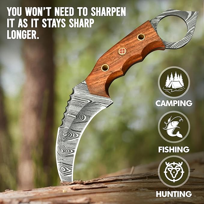 Damascus steel Handmade Knife, Survival claw Tactical teeth Knife Double edged sharp, Fixed Blade Knife With Sheath, Curved knife (Walnut Wood)