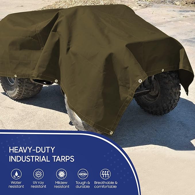 Tarps Now 16x20 ft Heavy Duty Canvas Tarp| 18 MIL Industrial Grade Fabric, Tear Resistance, Reinforced Edges, Brass Grommets | Ideal for Construction, Trucking, Manufacturing, Automotive –Olive Color
